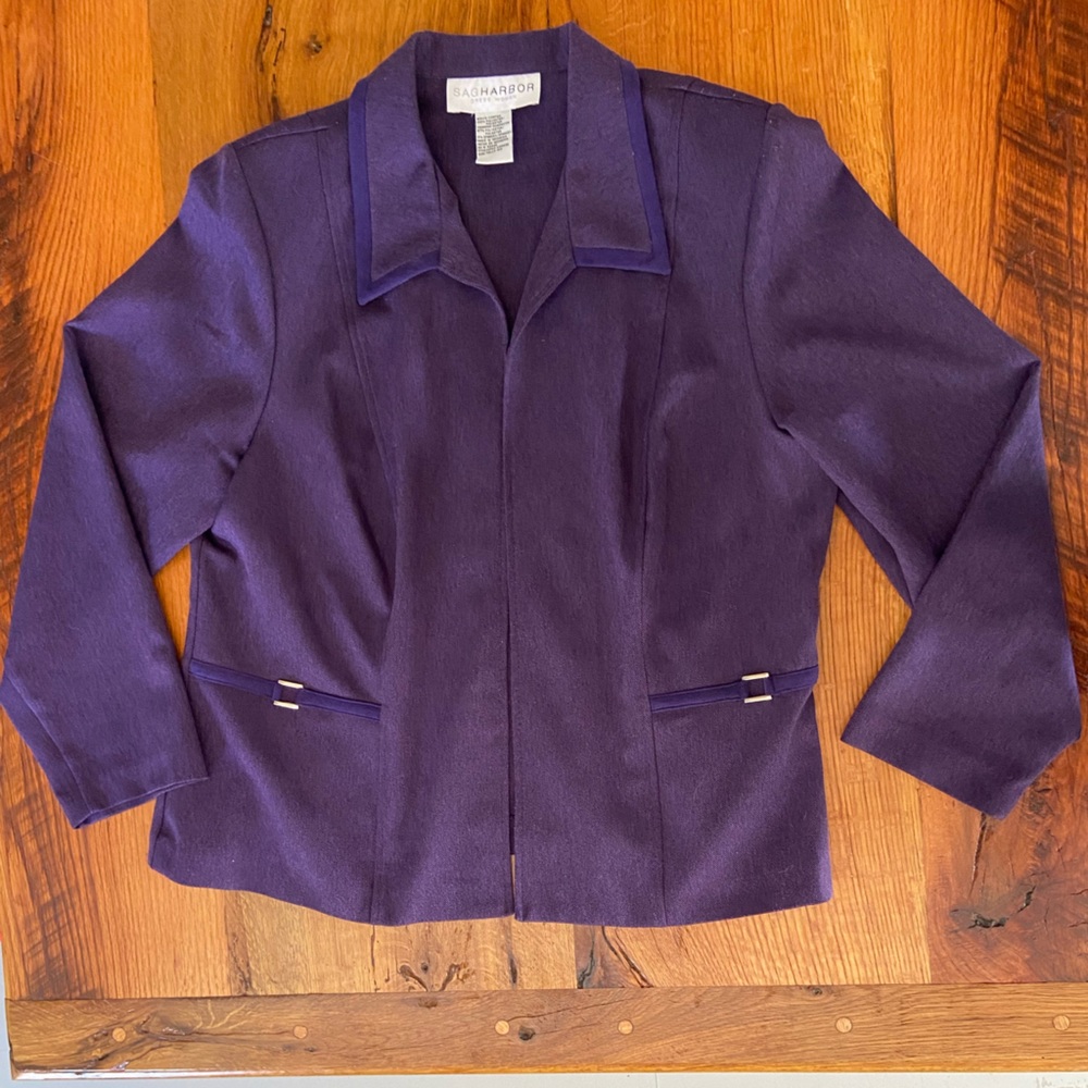 Sag Harbor Dress Woman Classic Open Front Lightweight Dark Purple Jacket, Sz 16W